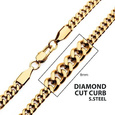18K Gold IP Diamond Cut Curb Chain 8mm x 24In