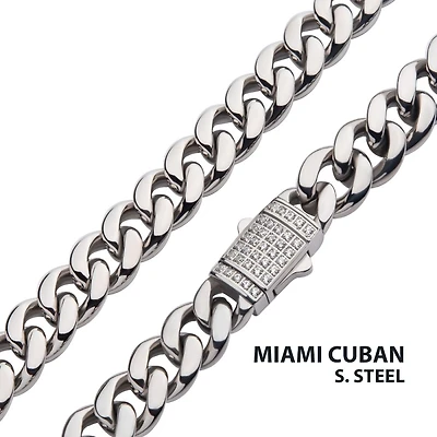 8mm Steel Cuban Chain CZ Clasp 22"