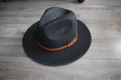 Short Brim Black Panama Fedora Straw Hat with Faux Leather Belt