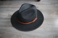 Short Brim Black Panama Fedora Straw Hat with Faux Leather Belt