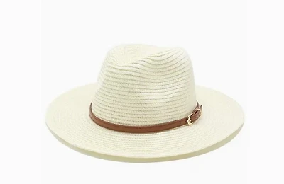 Short Brim Panama Fedora Straw Hat Ivory Color With Faux Leather Belt