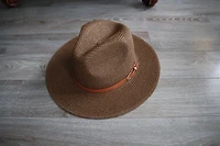 Short Brim Khaki Panama Fedora Straw Hat with Faux Leather Belt