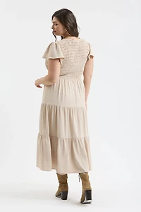 Khaki Plus Flutter Sleeve Midi Dress