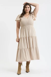 Khaki Plus Flutter Sleeve Midi Dress
