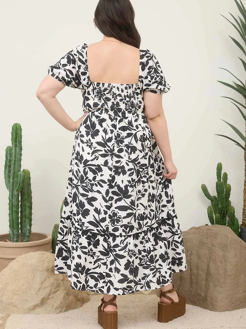Plus Black Floral Scallop Trim Puff Sleeve Midi Dress