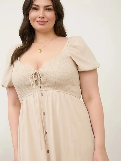 Light Khaki Plus Smocked Front Tie Button Down Midi Sundress