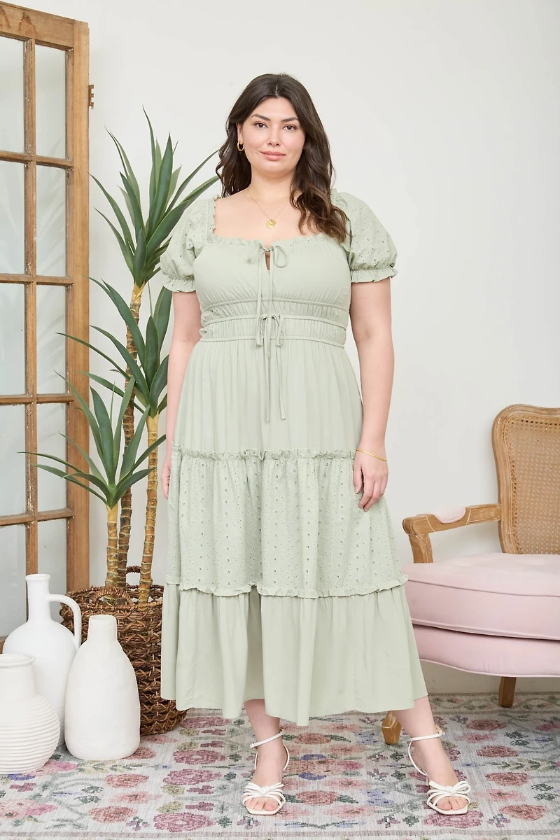 Plus Contrast Pattern Front Tie Tiered Midi Dress