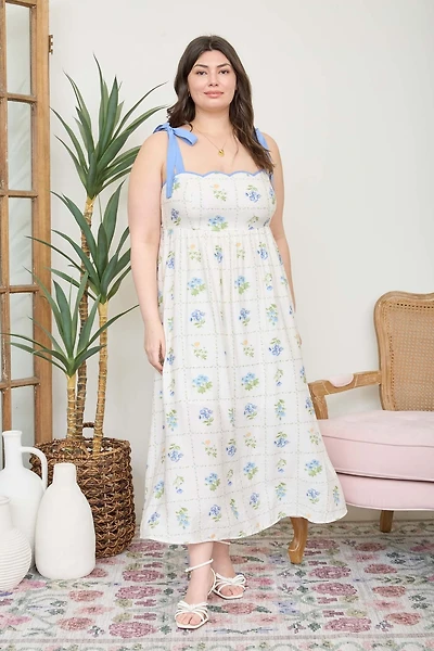 Plus Floral Tile Pattern Tie Strap Midi Dress