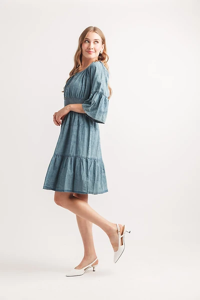 Tiered Bell Sleeve Denim Dress