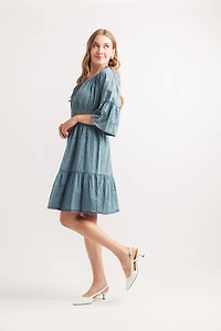 Tiered Bell Sleeve Denim Dress