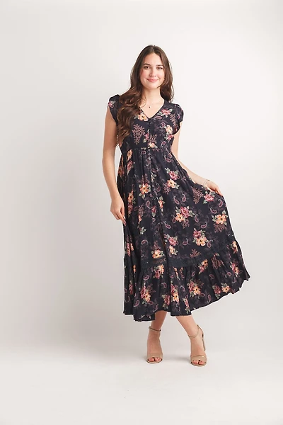 Floral Short Sleeve Button Front Dress