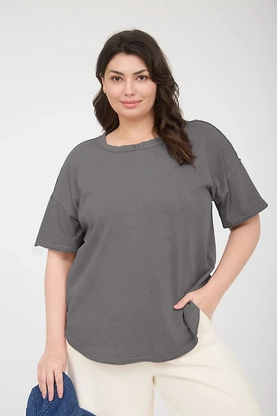 Plus Round Neck Short Sleeve Exposed Seam Knit Top