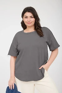 Plus Round Neck Short Sleeve Exposed Seam Knit Top