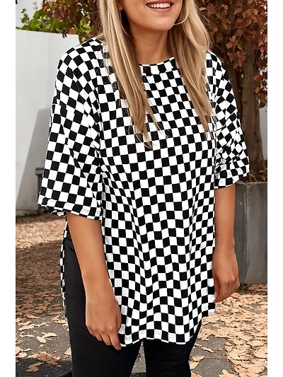 Plus Checkered Print Side Slits Round Neck T Shirt
