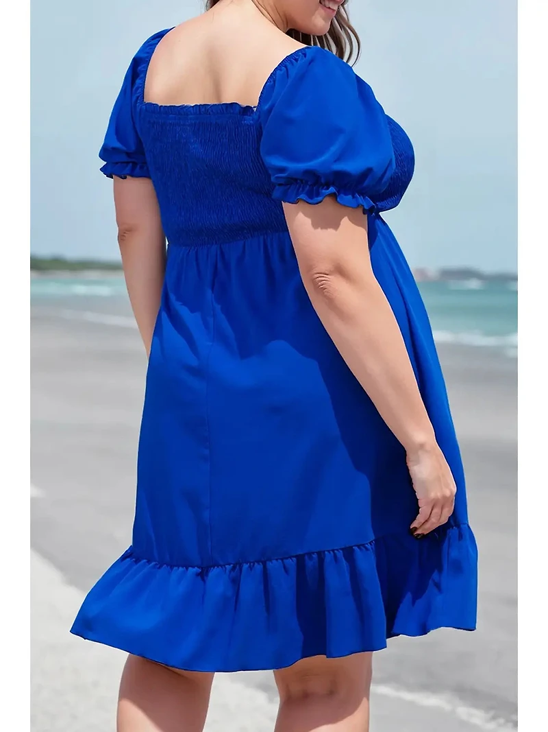 Blue Plus Shirred Ruffled Square Neck Mini Dress