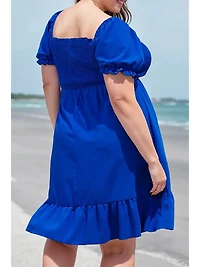 Blue Plus Shirred Ruffled Square Neck Mini Dress
