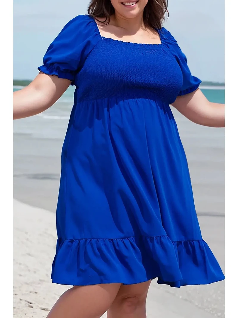 Blue Plus Shirred Ruffled Square Neck Mini Dress