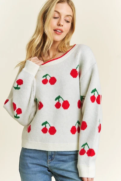 Cherry Jaquard Pullover Plus Sweater