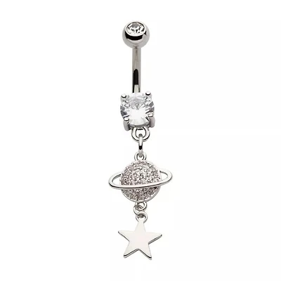 Externally Threaded Pave Clear CZ Gem Planet & Star Double Dangle Navel