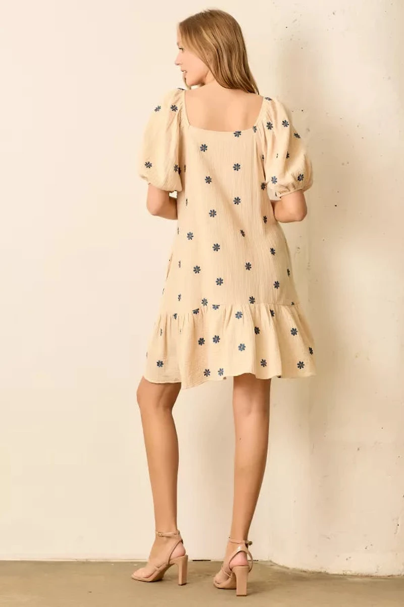 Floral Embroidered Bubble Sleeve Dress