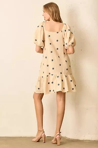Floral Embroidered Bubble Sleeve Dress