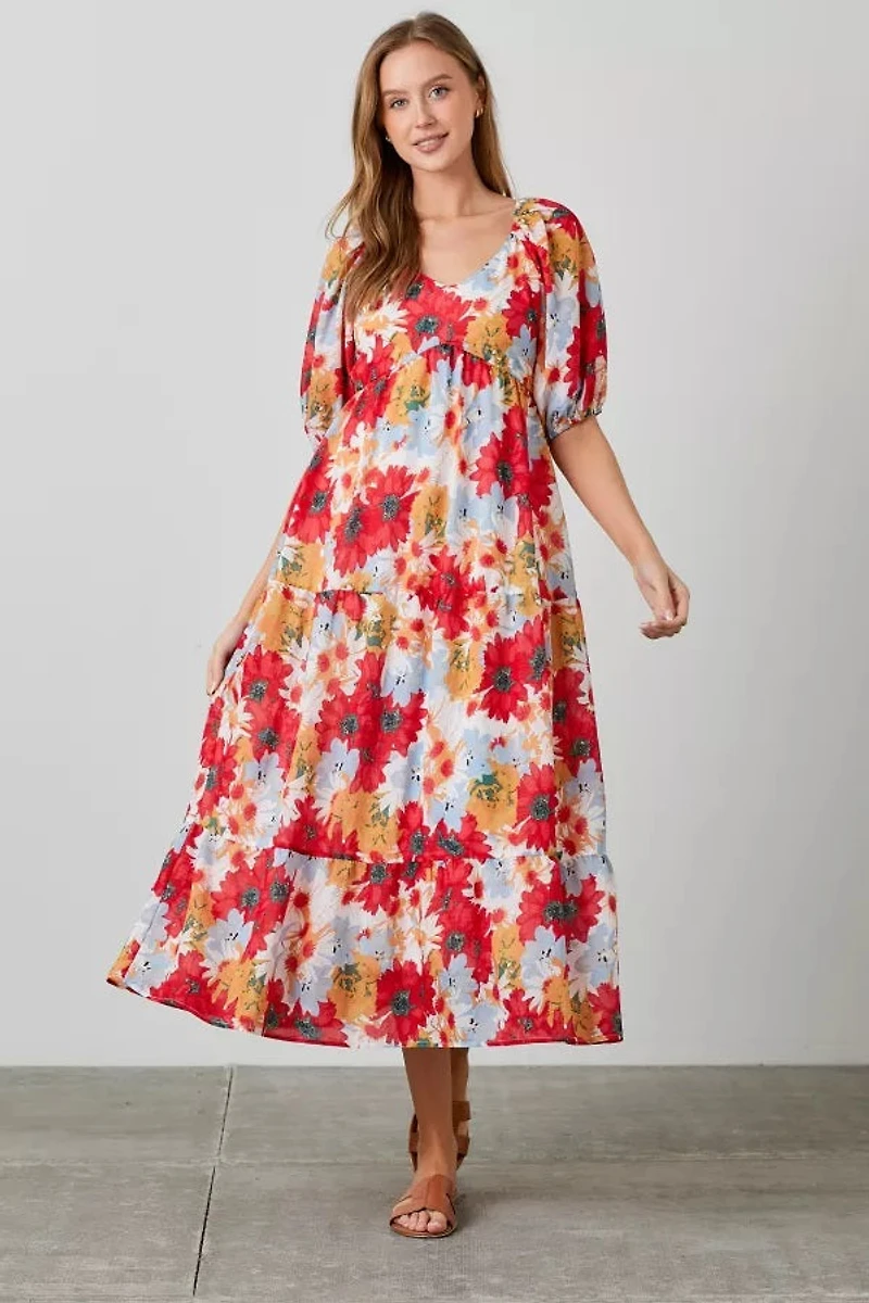 Tiered Puff Slv Midi Dress