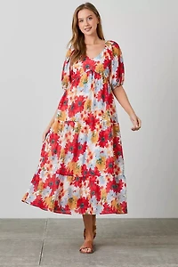 Tiered Puff Slv Midi Dress