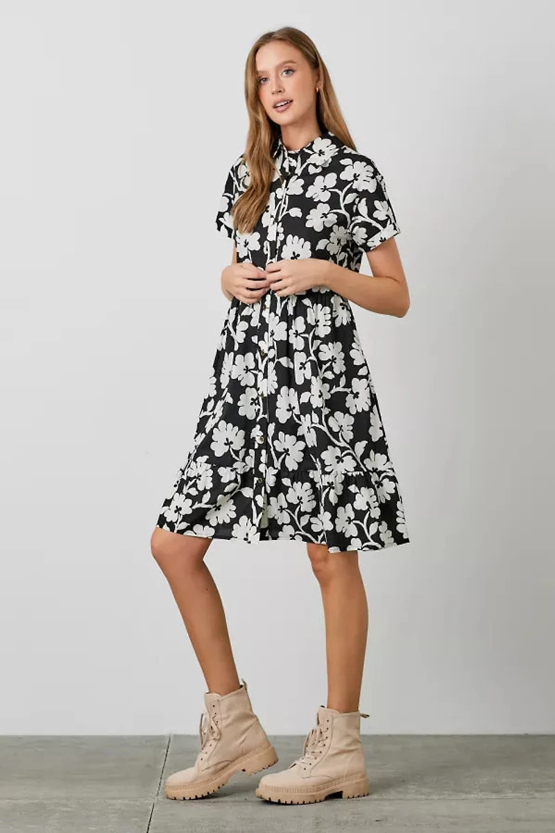 Poplin Printed Midi Tiered Shirt Dress