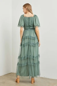 Sheer Ruffle Tiered Tulle Maxi Dress