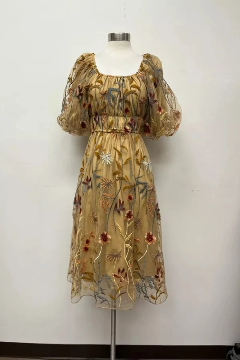 Embroidered Mesh Bubble Sleeve Plus Dress