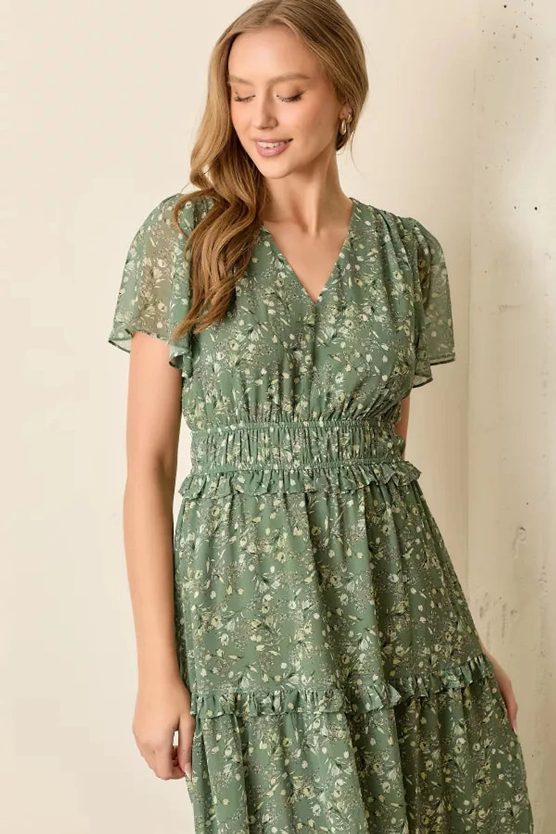 Sage Floral Print V Neck Plus Midi Dress