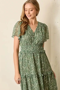 Sage Floral Print V Neck Plus Midi Dress