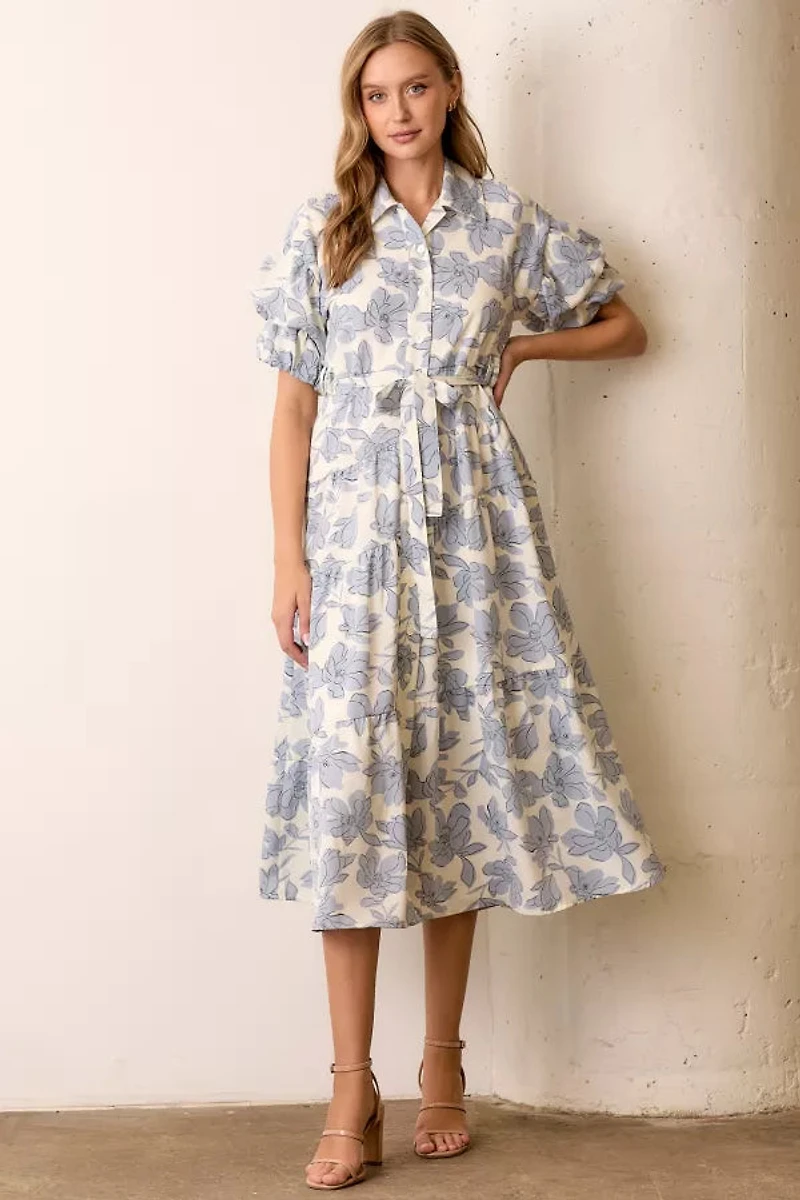 Blue Multi Floral Print Maxi Shirt Dress