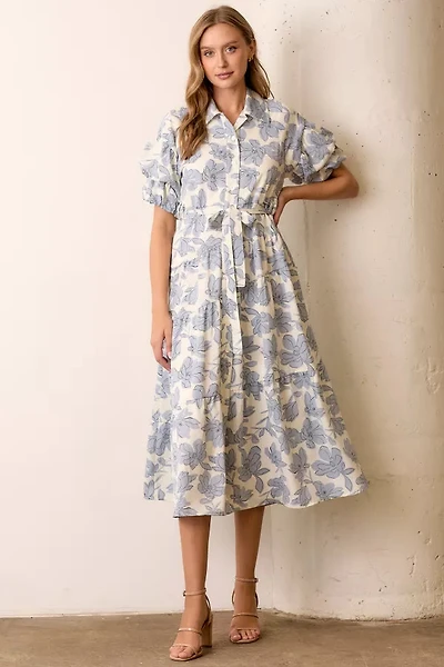 Blue Multi Floral Print Maxi Shirt Dress