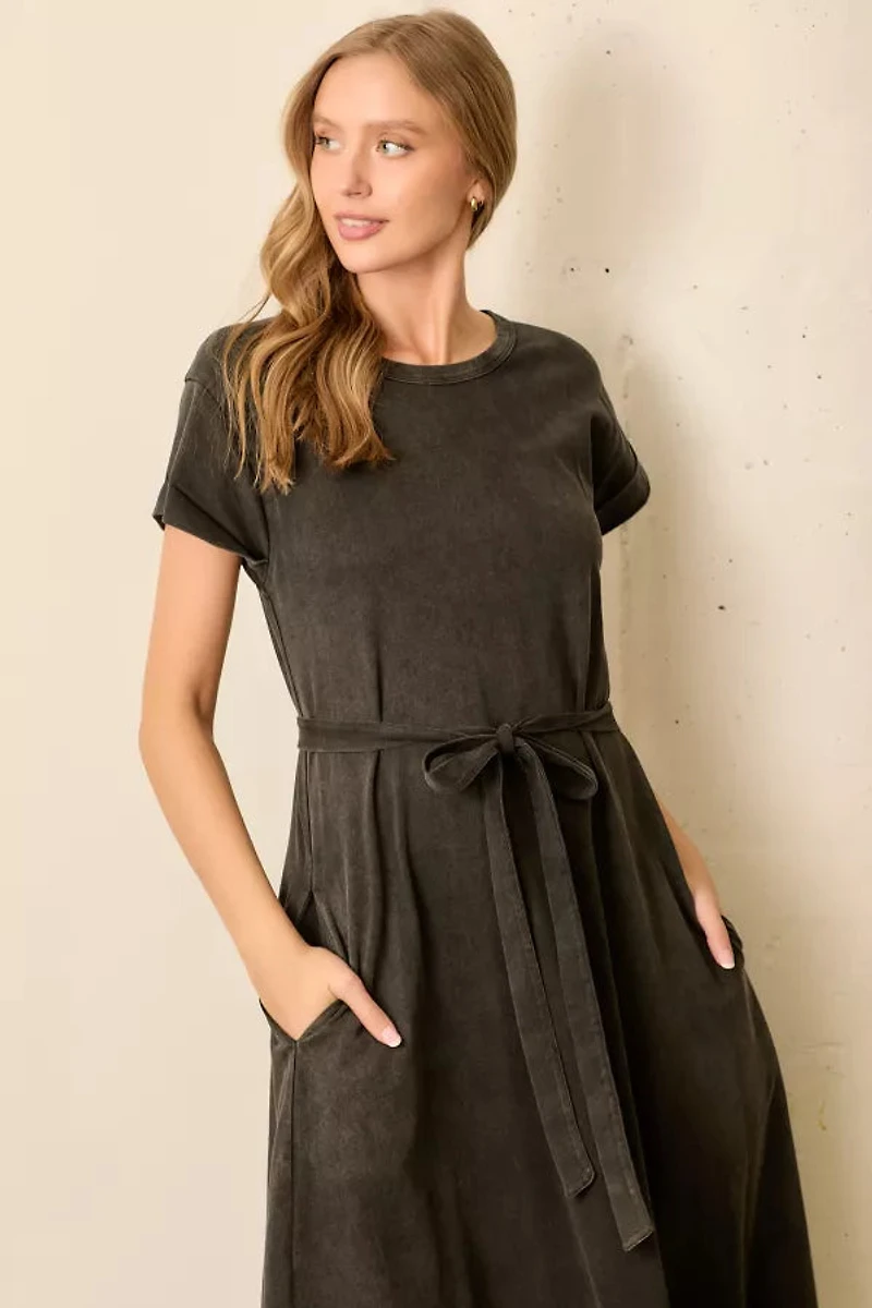 Black Washed Waist Tie Midi Dress