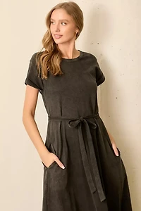 Black Washed Waist Tie Midi Dress
