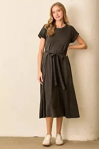Black Washed Waist Tie Midi Dress