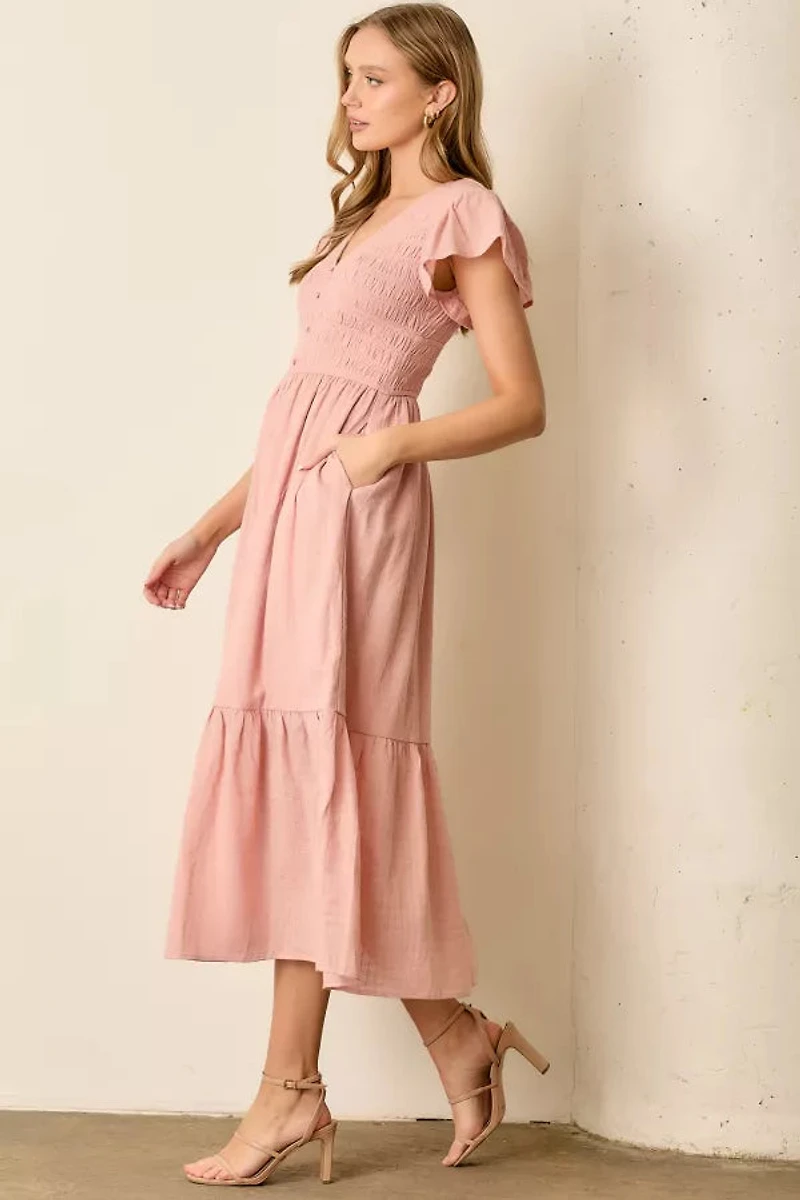 Pink V-Neck Smocked Maxi Dress