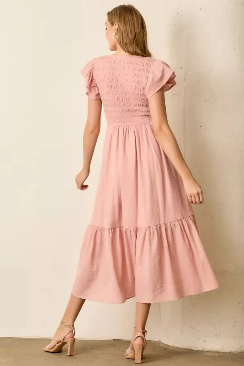 Pink V-Neck Smocked Maxi Dress