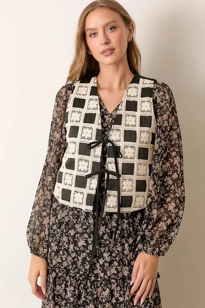 Printed Flower Checker Vest With Tie Detail