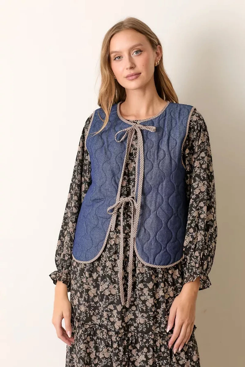 Denim Padded Vest With Tie