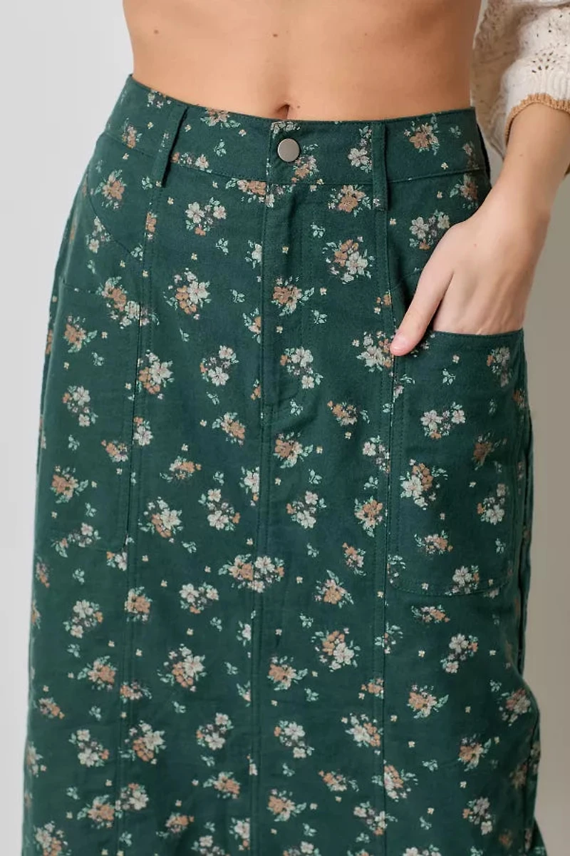 Green Floral Plus Midi Skirt