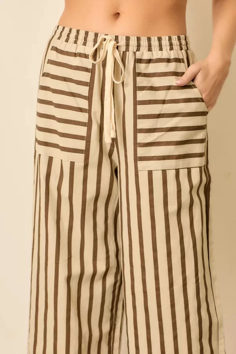 Ivory Brown Pinstripe Elastic Waist Pant