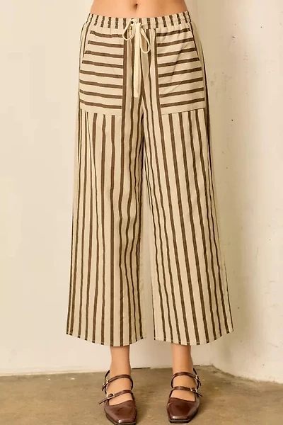 Ivory Brown Pinstripe Elastic Waist Pant