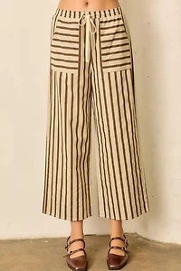 Ivory Brown Pinstripe Elastic Waist Pant