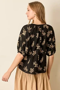 Black Tan Printed Round Neck Short Sleeve Top