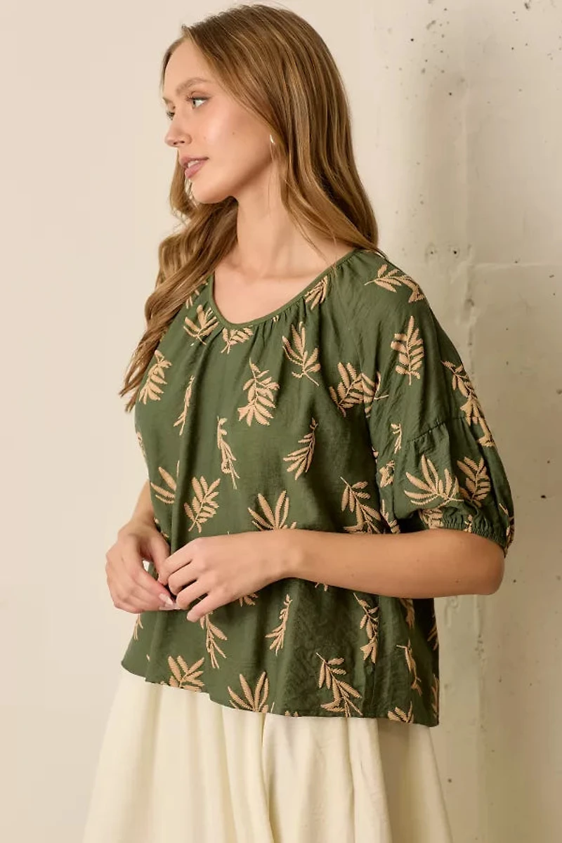Green Tan Printed Short Sleeve Round Neck Top
