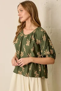Green Tan Printed Short Sleeve Round Neck Top