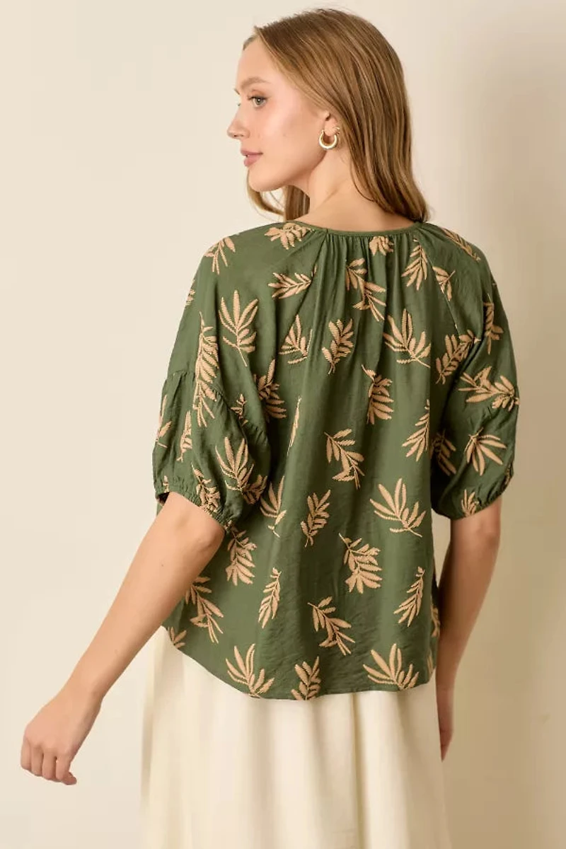 Green Tan Printed Short Sleeve Round Neck Top