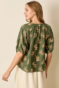 Green Tan Printed Short Sleeve Round Neck Top